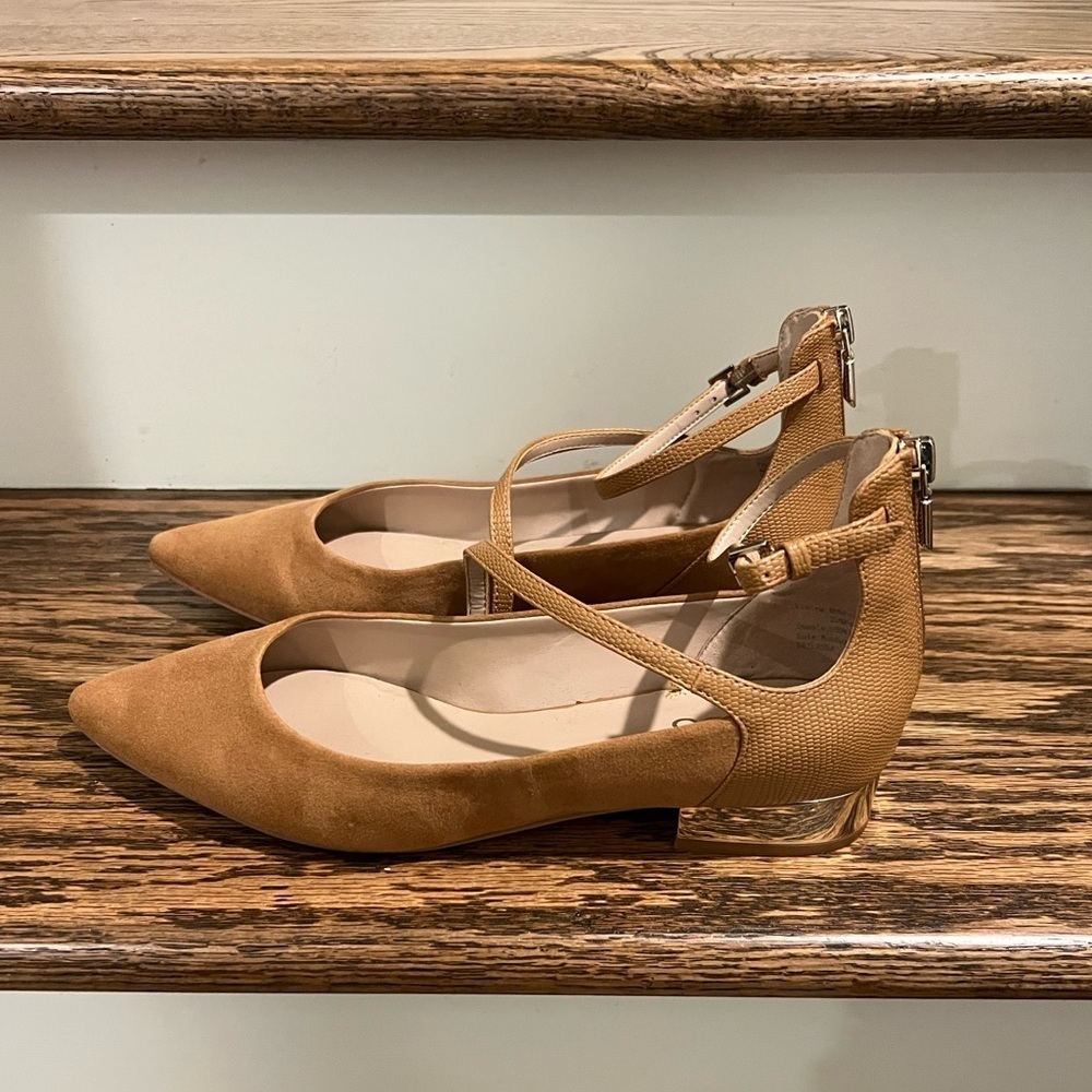 Aldo Tan Suede with Gold Heel Ankle Strap Flats - Picture 4 of 7